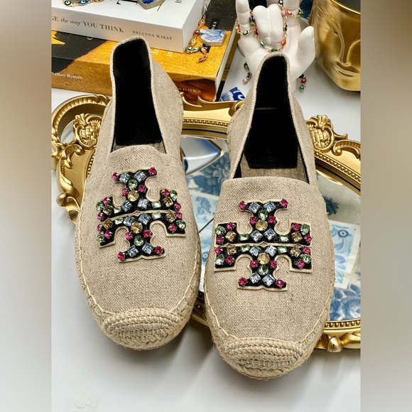 🆕 TORY BURCH 🧿 NWOT Ines Linen & Leather Bejewelled Espadrilles - Size 9 - Picture 4 of 16